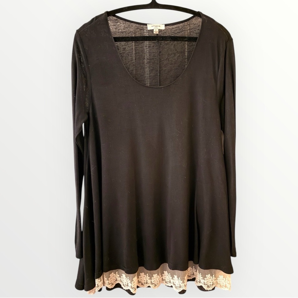 Elegant Black Lace Hem Women's Long Sleeve Tunic by Anthropologie